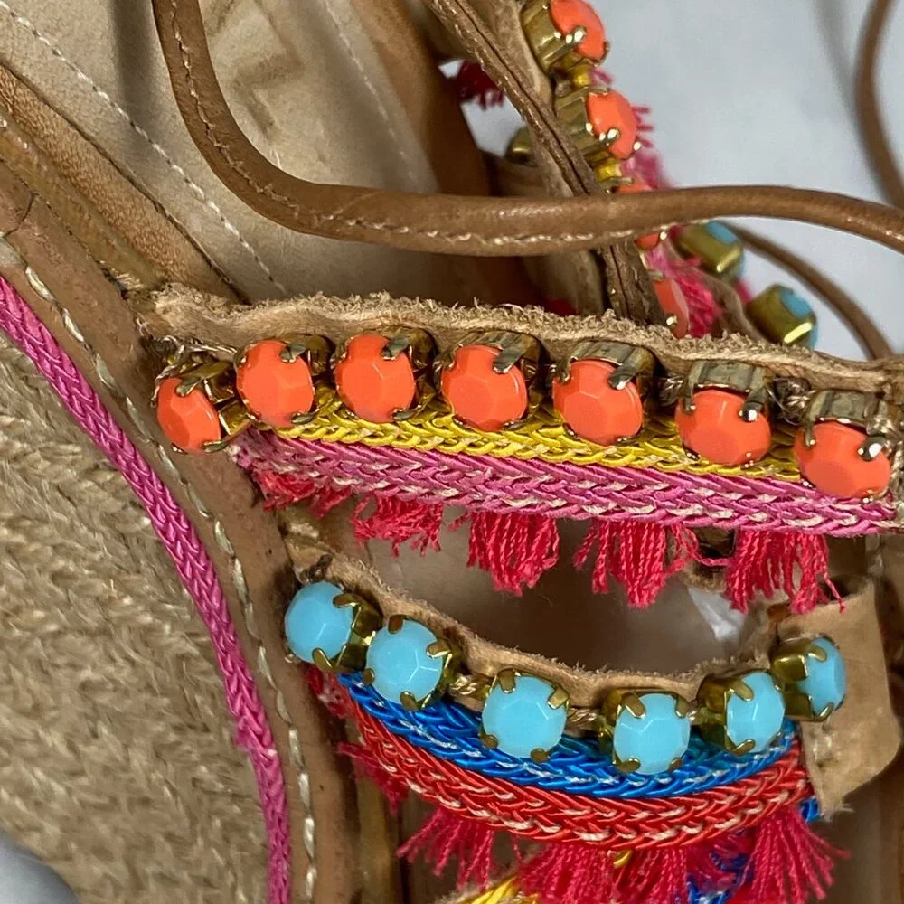 NEW Schutz Mella Espadrille Wedge Heel Sandal Pom Pom Jeweled 8.5